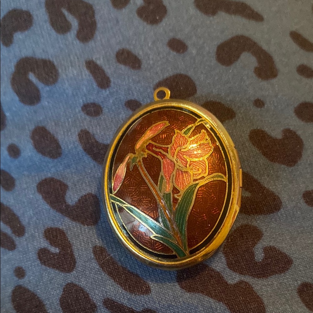 Vintage Cloisonné Iris Floral Enamel Locket Pendant